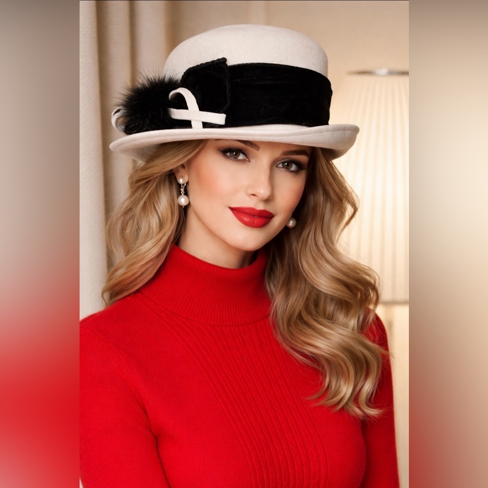 Galliano Sorbatti Wool Hat - Made in Italy ivory and black.